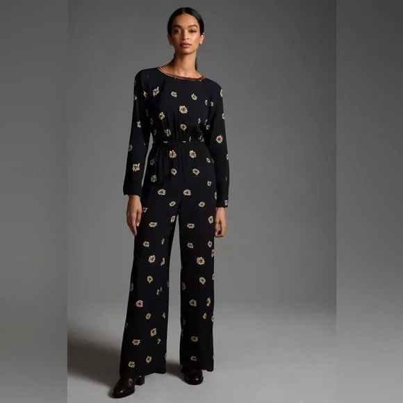 Anthropologie Farm Rio Long-Sleeve Floral Cutout Jumpsuit - Picture 1 of 15